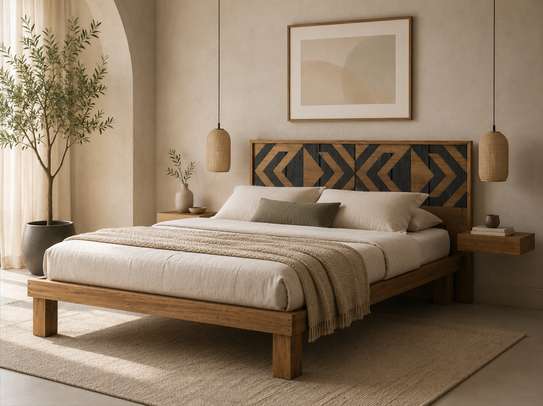 LIT DESIGN EN BOIS MASSIF AVEC TABLES DE CHEVET – NEUF image 3