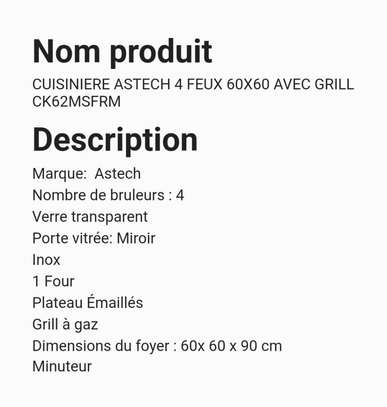 CUISINIÈRE ASTECH 4 FEUX 60×60 AVEC GRILL CK62MSFRM image 1