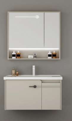 Meuble salle de bain suspendu LED beige/gris moderne image 2