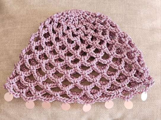 Bonnet crochet bleu clair perlé taille unique image 2