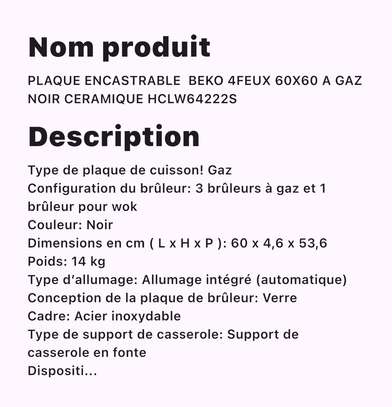 Beko HCLW64222S plaque gaz 4 feux 60x60 noir image 4