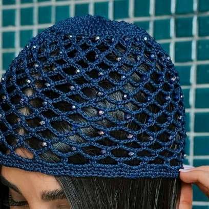Bonnet crochet bleu clair perlé taille unique image 6