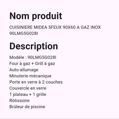 Cuisiniere Midea 5 feux 90x60 a Gaz inox image 3