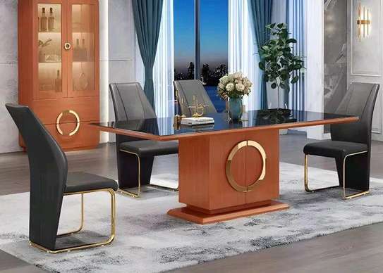 Table design bois massif verre noir + 4 chaises cuir image 6