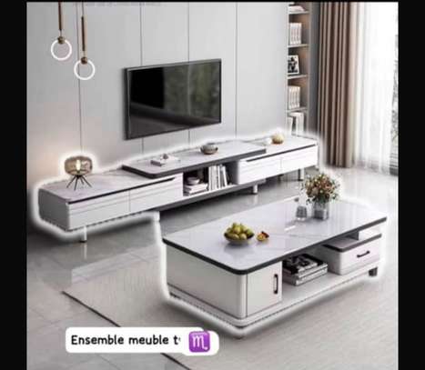 Meuble TV blanc moderne 2 tiroirs plateau verre image 2