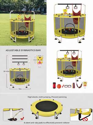 Trampoline enfant avec barres gym réglables et filet jaune image 2