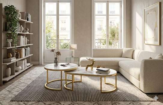 Table basse marbre blanc et bois doré design élégant image 3