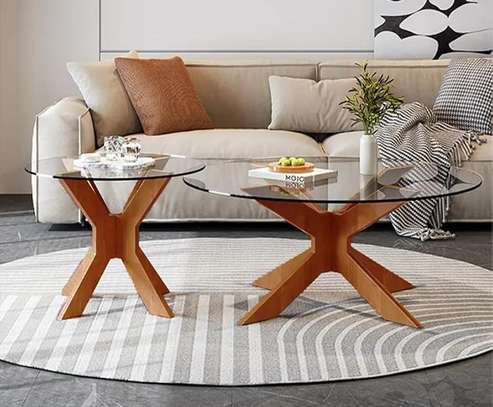 Table basse ronde bois massif et verre trempé 35-41cm image 3