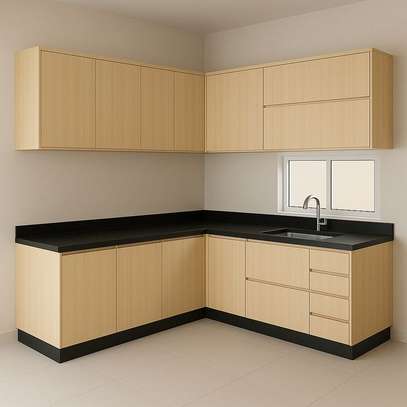Cuisine d'angle bois clair plan noir moderne image 2