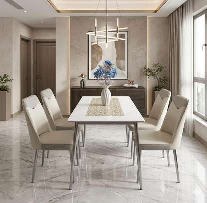 Ensemble table marbre 4 chaises cuir crème moderne image 2