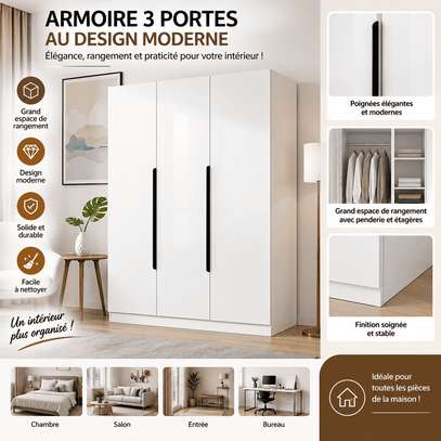 Armoire 3 portes blanche avec espaces de rangement image 2
