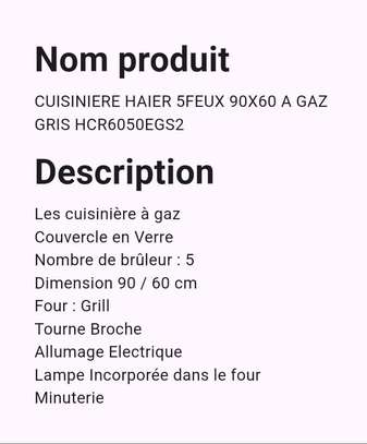 CUISINIÈRE HAIER 5FEUX 90X60 A GAZ GRIS image 2