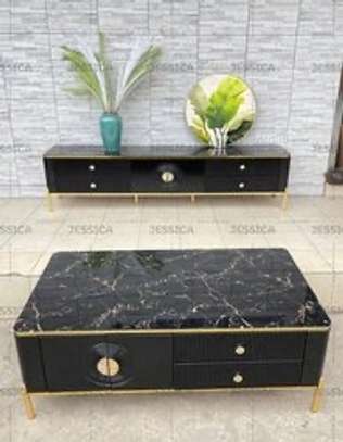 TABLE TV + TABLE BASSE NOIR MARBRE image 1