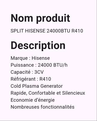 SPLIT HISENSE 24000BTU R410 Capacité 3CV image 2