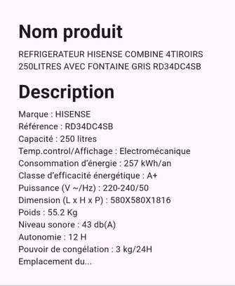 Réfrigérateur Hisense 4Tiroirs 250l avec Fontaine image 2