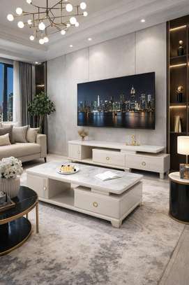 Ensemble meuble TV et table basse blanc cassé moderne image 1