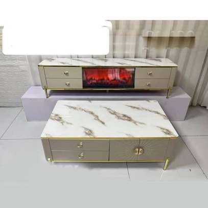 TABLE TELEVISEUR BEIGE MARBRE + TABLE BASSE image 1
