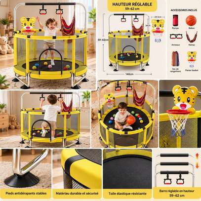 Trampoline enfant avec barres gym réglables et filet jaune image 3