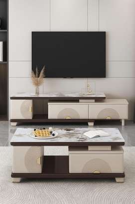 Ensemble meuble TV et table basse beige effet marbré image 2