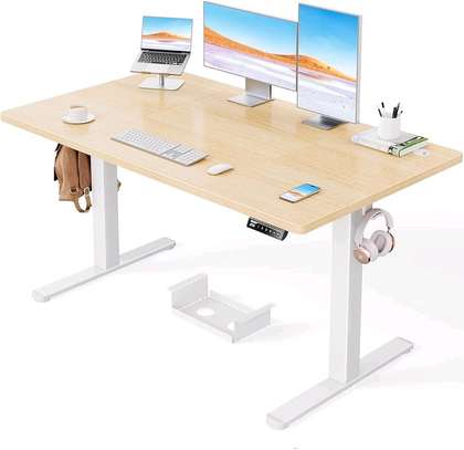 Bureau assis-debout réglable bois clair métal blanc image 3