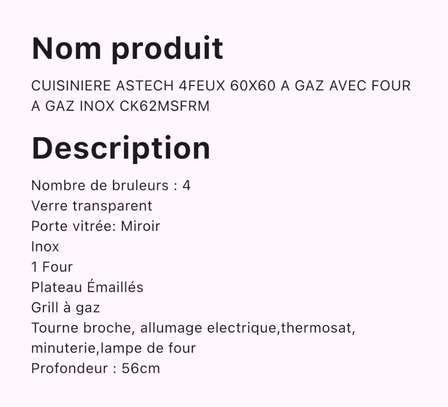 Cuisinière gaz 4 feux noir inox four intégré image 2