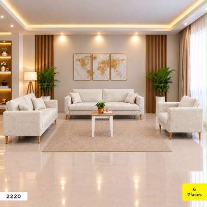Salon 6 places tissu gris pieds bois clair image 2