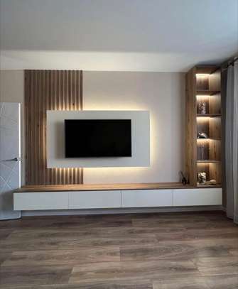 Meuble TV design moderne blanc bois LED intégré image 2