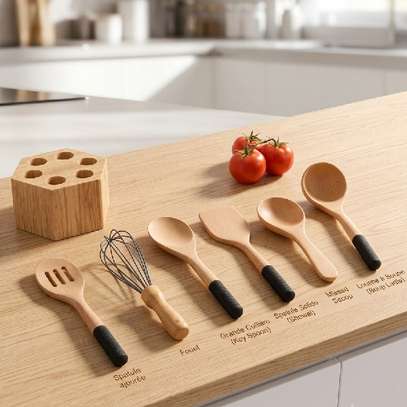Set d'Ustensiles de Cuisine - 7 Pièces - Bois & Silicone image 2