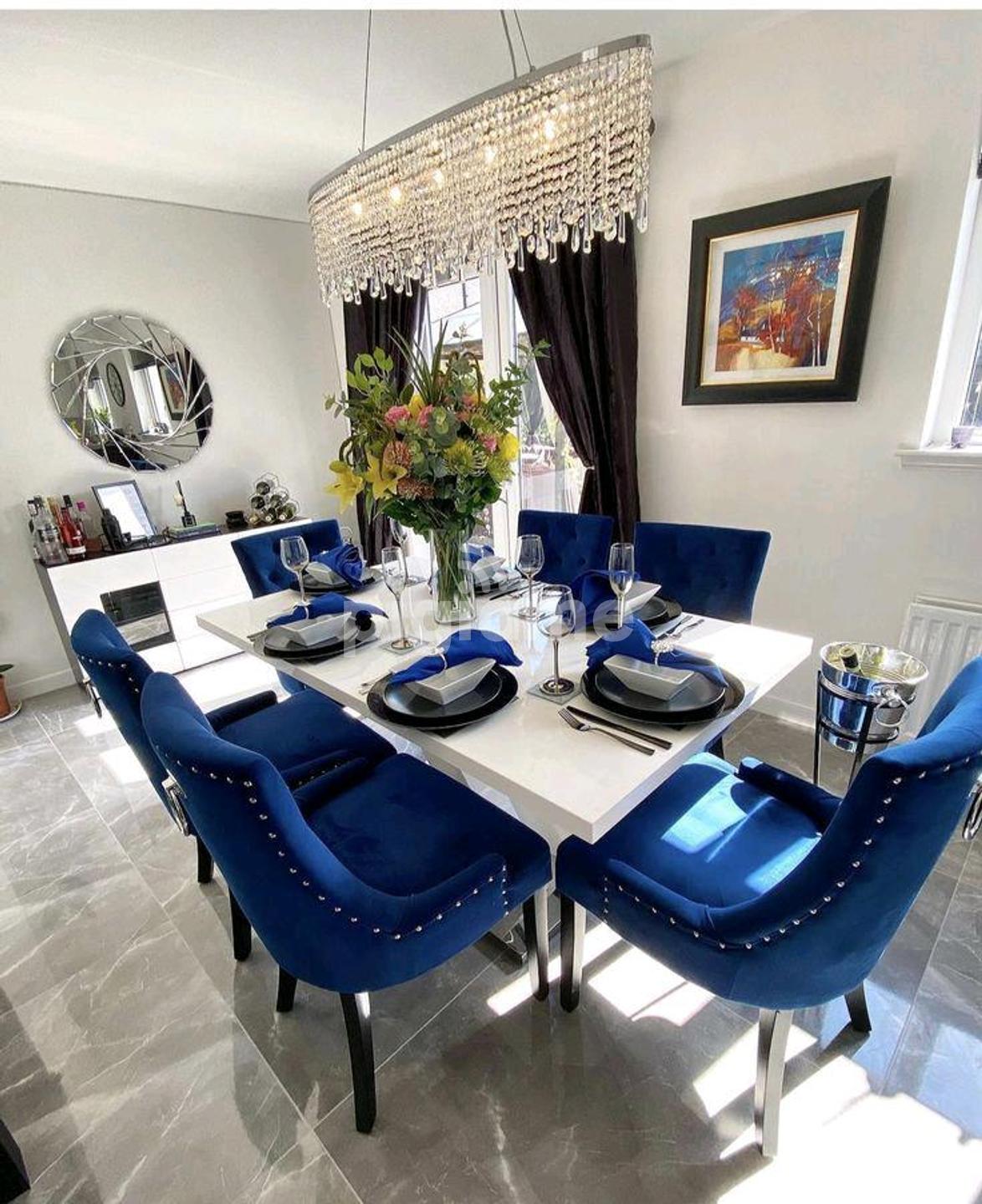 Blue upholstered dining room discount chairs