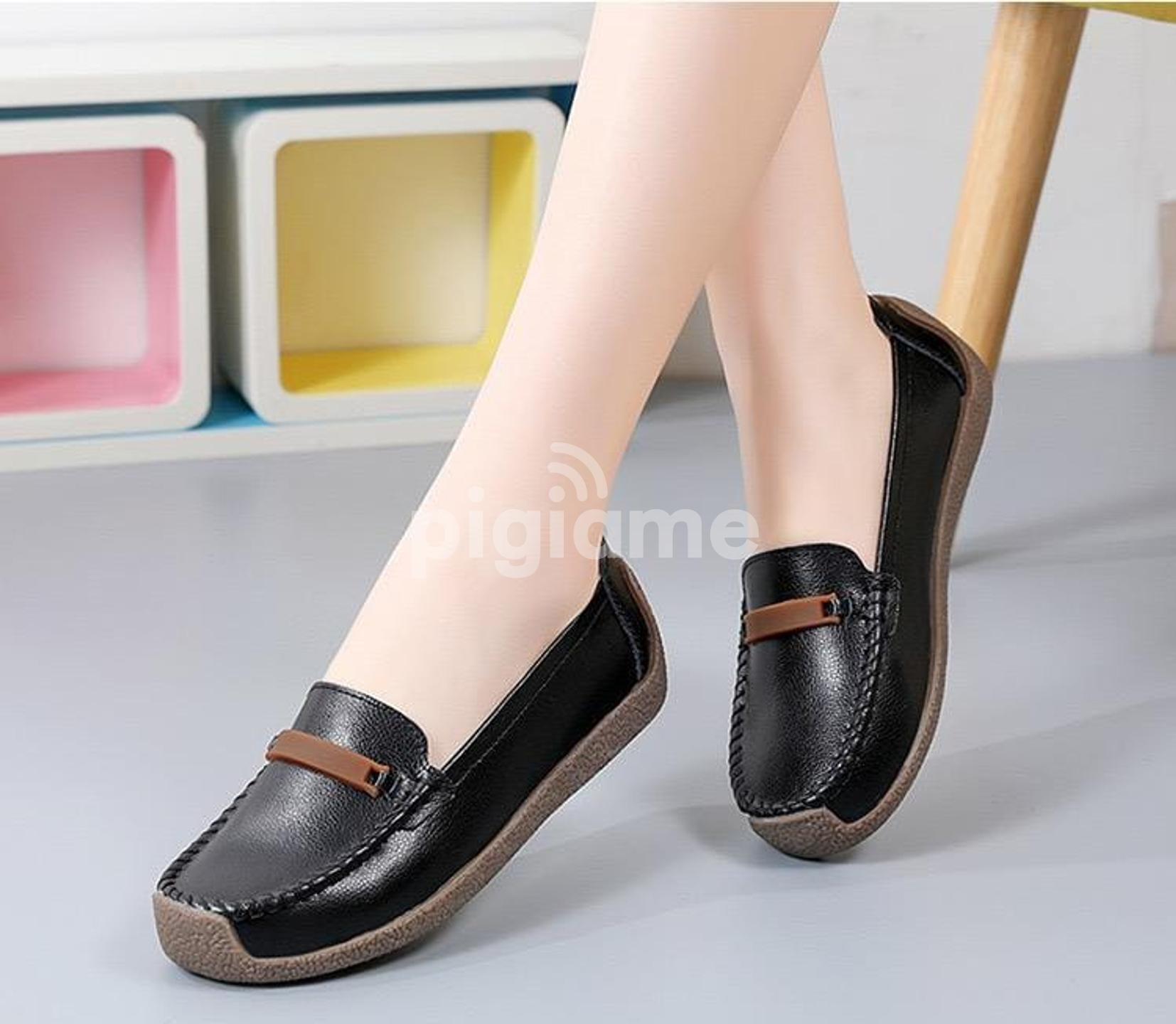 Black Loafers flats shoes woman folding Leather women flats