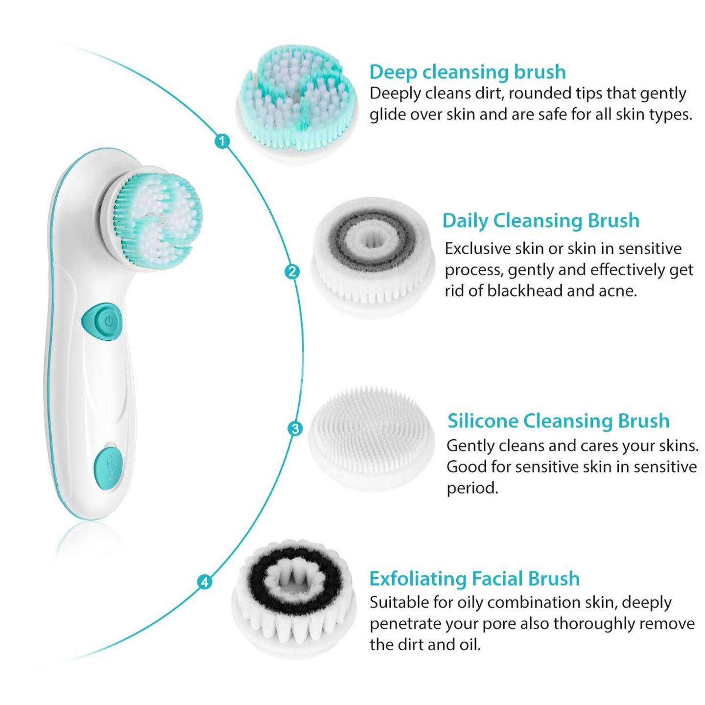 Rechargeable Facial Cleansing Spin Brush Set With 4 Exfoliation Brush
