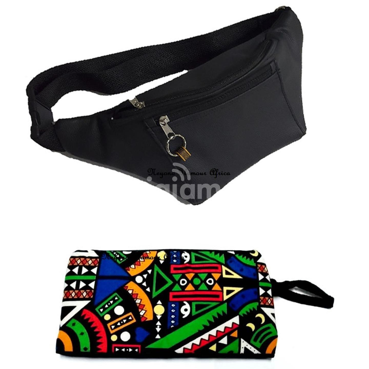 Black Leather Waist Bag With Denim Ankara Pouch in Nairobi CBD PigiaMe