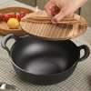 Pre-seasoned Pure Cast Iron Flat Bottom Wok with Wooden Lid thumb 0