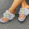 Women Fluffy Slippers Faux Fur Slides Open Toe Flat Grey thumb 0