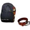 Blue ankara denim laptop backpack with brown leather belt thumb 0