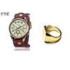 Mens Brown Leather Watch and gold ring thumb 1