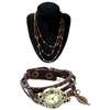 Womens Brown Leather watch with pearl necklace combo thumb 0
