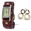 Ladies Dark brown leather watch with earrings combo thumb 0