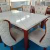 Marble Dining Table Set 6 Upholstered Chairs White Wood thumb 2