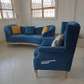 3 seater curved sofa and deep tufted armchair