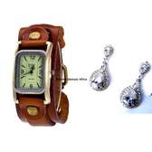 Womens Light Brown Leather watch and earrings