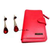 Womens Red Leather wallet with crystal earrings
