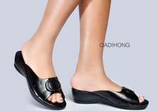 QADIHONG Black Slip-On Sandals Low Wedge Heel