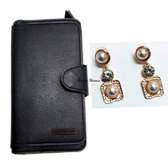 Womens Black Leather wallet + earrings