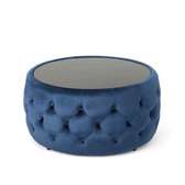 Round button tufted glass top ottoman coffee table