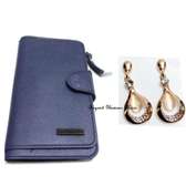Womens Blue Leather Wallet + Earrings