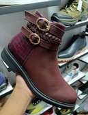 Womens Winter Ankle Boots Double Buckle Maroon Booties Shoe