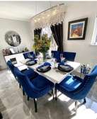 Blue upholstered dining chairs/Six seater dining set