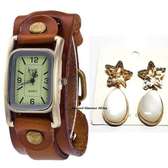 Womens Brown Leather watch with earrings
