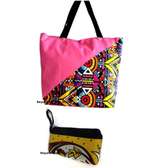 Womens Pink Canvas ankara handbag with pouch
